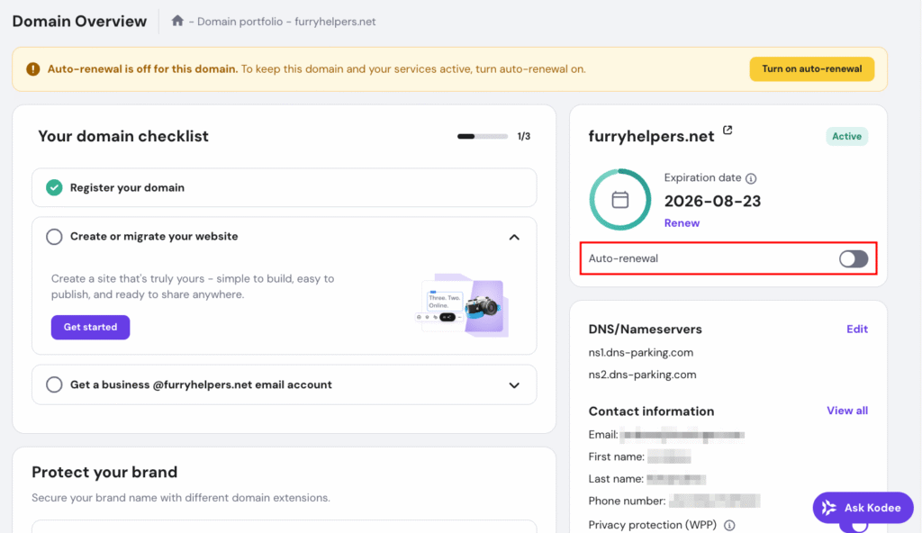 Hostinger Domain Overview page highlighting the auto-renewal toggle