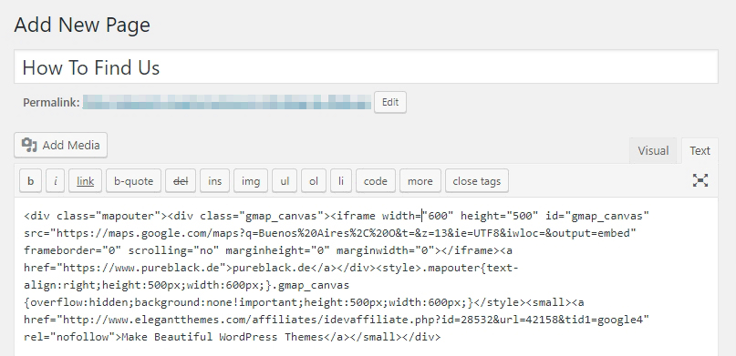 Adding your embed code to the WordPress editor.