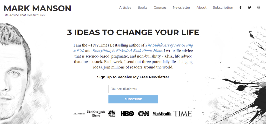 Uno screenshot che mostra la homepage del sito web di Mark Manson