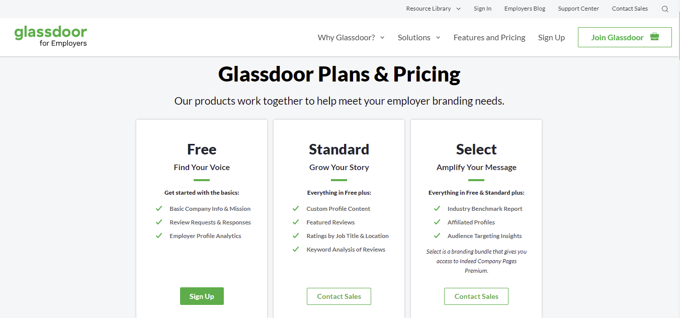 A screenshot showing Glassdor's plans and pricing
