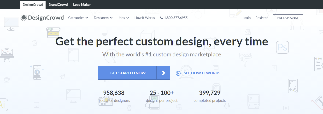 A screenshot showing DesignCrowd's homepage