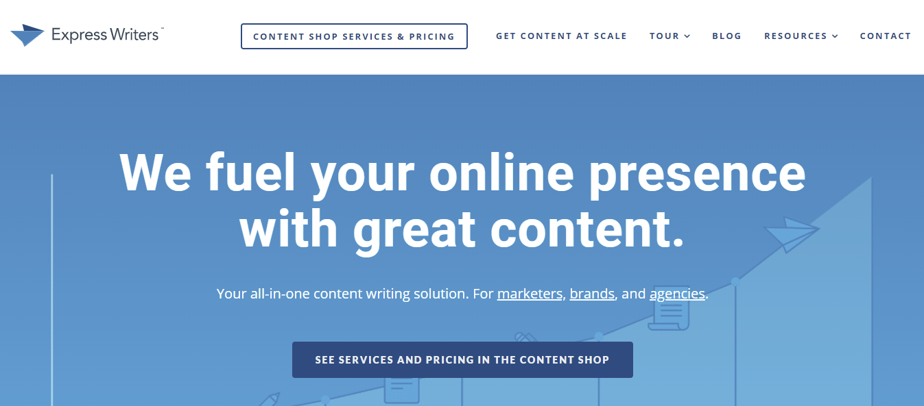 A screenshot showing Express Writers's homepage