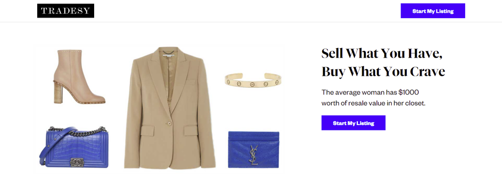 A screenshot showing Tradesy's homepage
