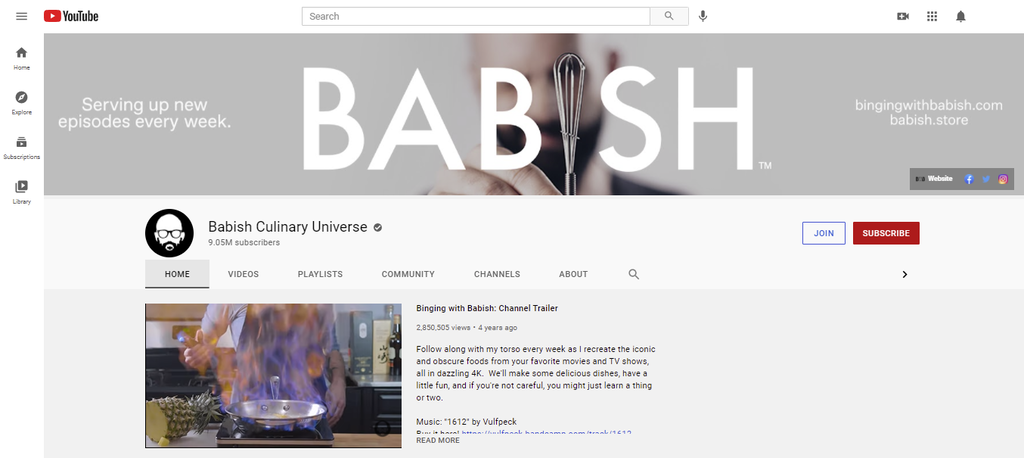 A screenshot showing Babish Culinary Universe's YouTube page