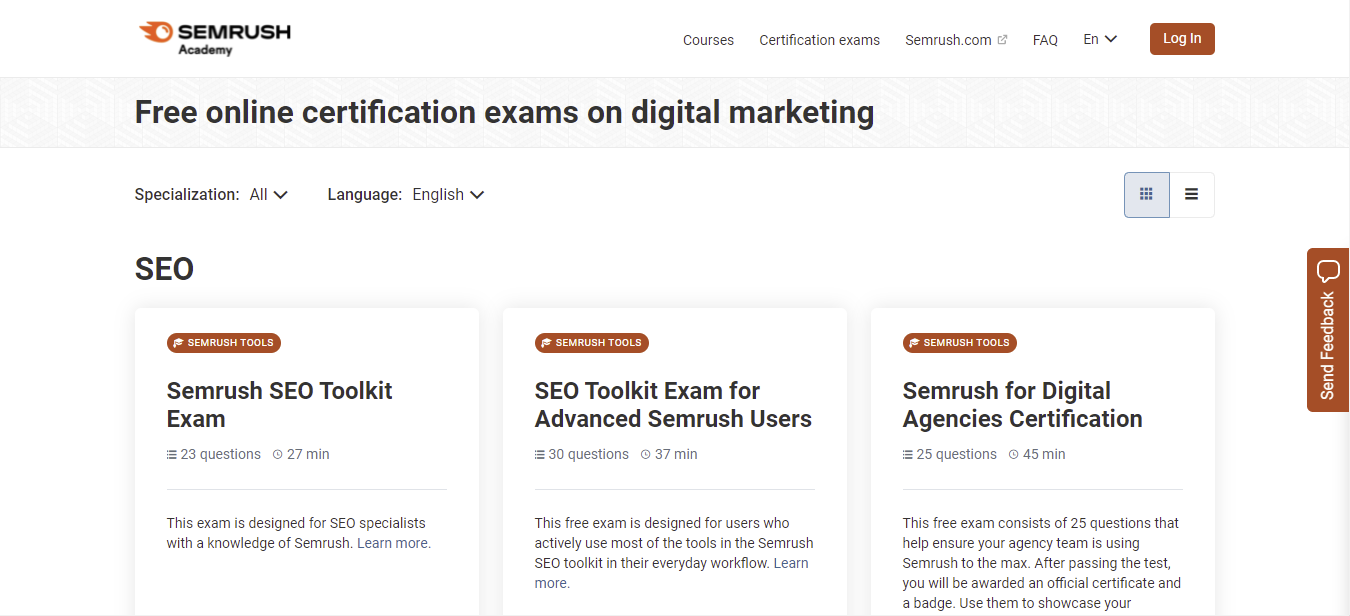 A screenshot showing SEMRush Academy's page