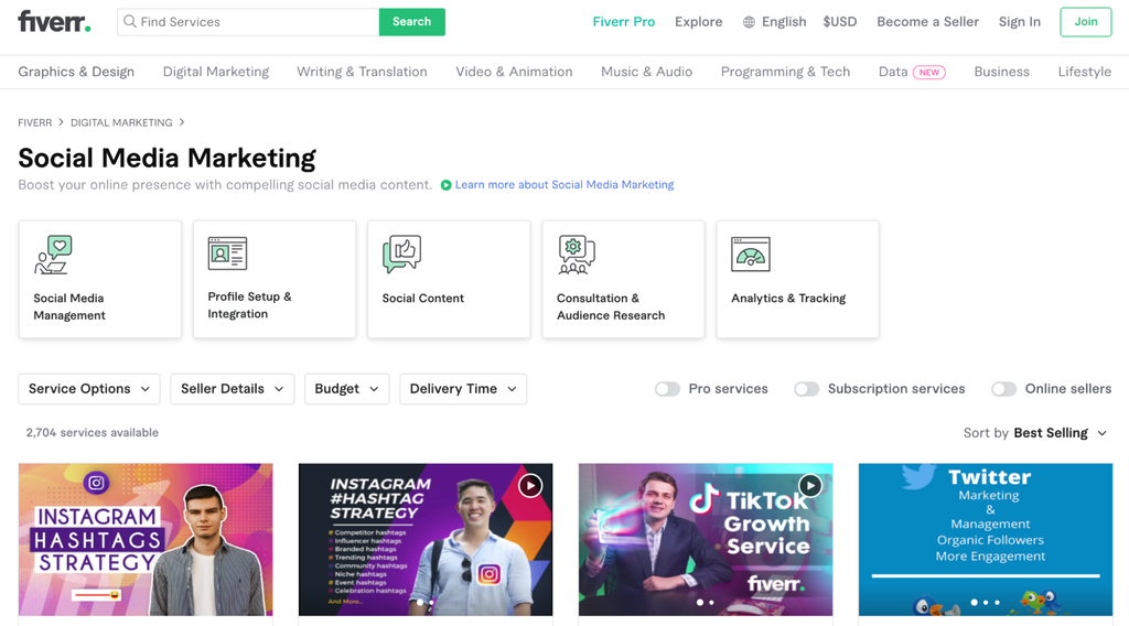 A screenshot showing social media marketing freelancers on Fiverr