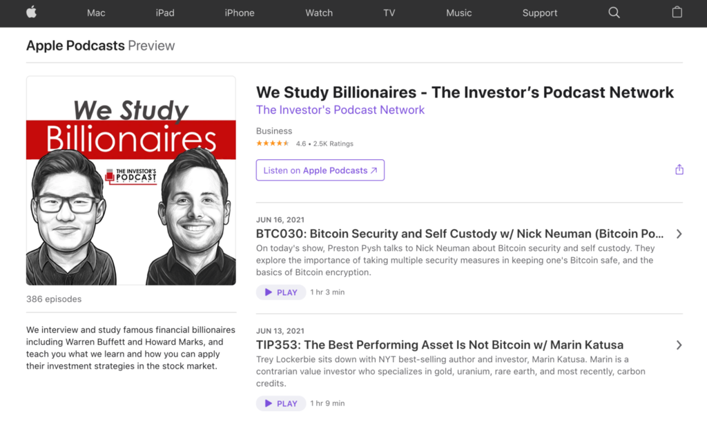A screenshot showing We Study Billionaires's profile on Apple Podcasts