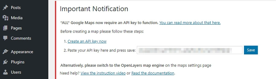 Pasting your API key into WordPress.