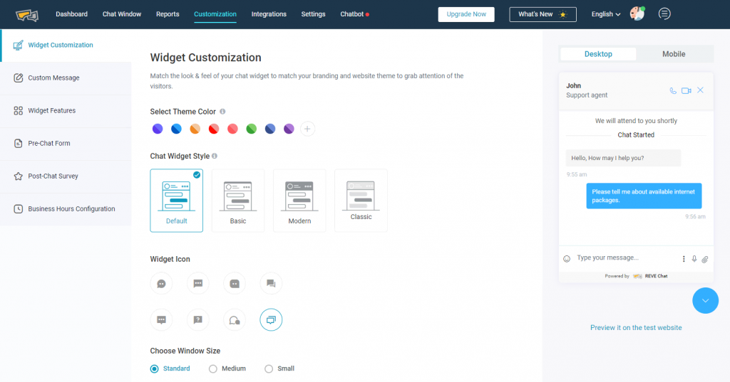 Reve Chat widget customization options
