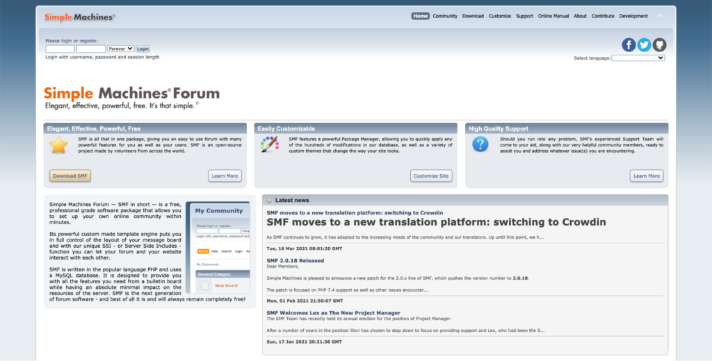 Screenshot of Simple Machine Forums homepage