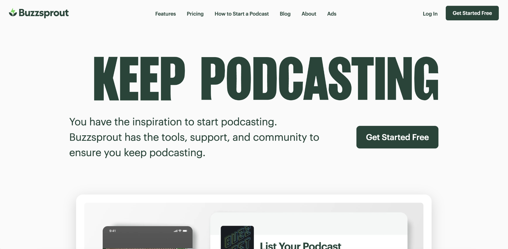 Buzzsprout podcasting hosting home page