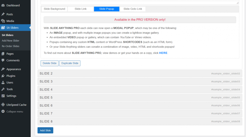 Slide Anything's slide settings where you can create a popup slider
