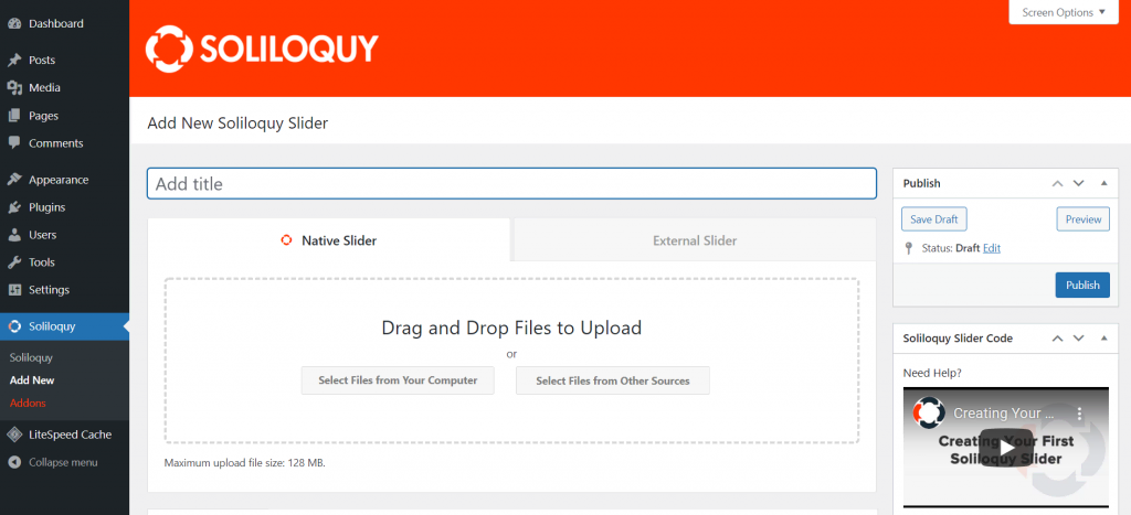 The dashboard of Soliloquy where you can drag and drop files to upload