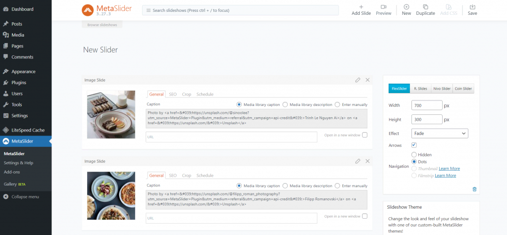 The dashboard of the MetaSlider plugin where you can create a new slider