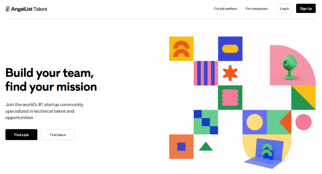 The homepage of AngelList Talent, a startup and remote job search website.

