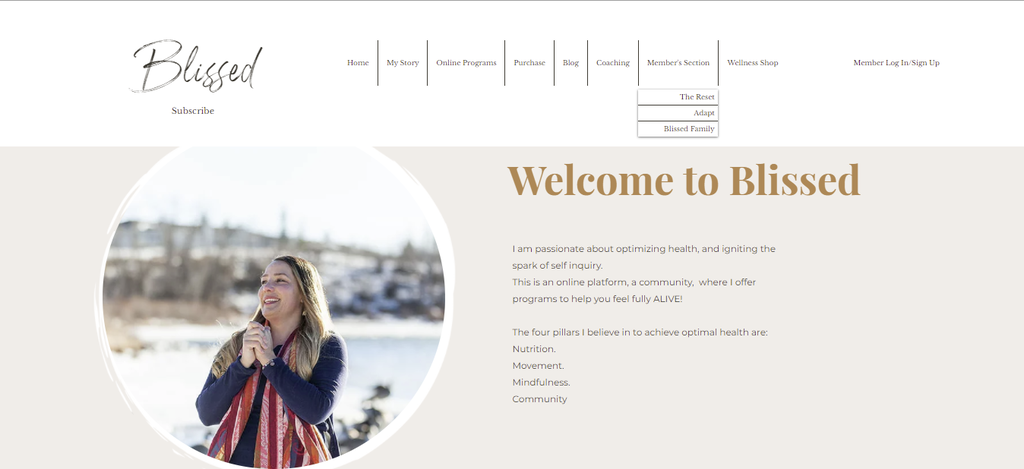 The homepage of Blissed, a health and mindfulness website