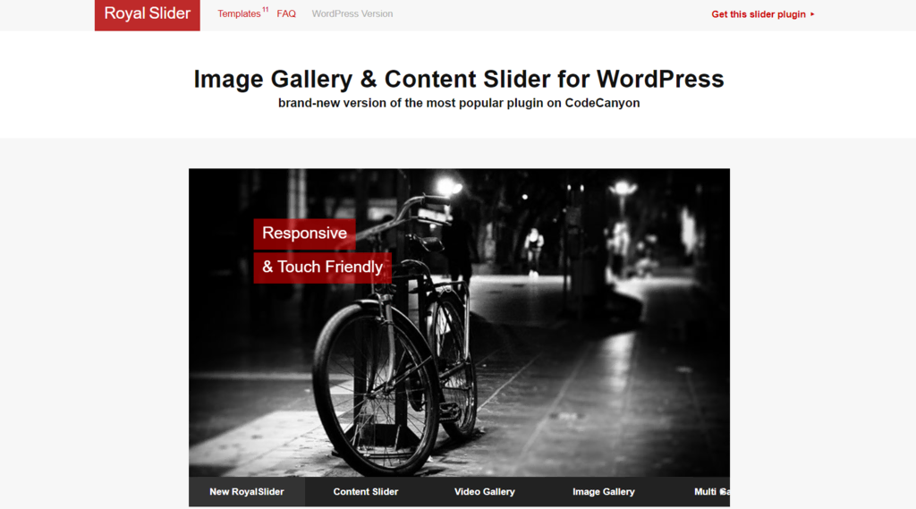 The homepage of Royal Slider, a WordPress slider plugin that supports touch-swipe navigation
