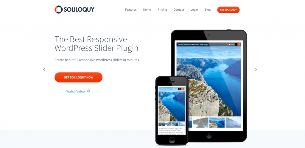 The homepage of Soliloquy, a WordPress slider plugin that will help you create beautiful responsive sliders in minutes
