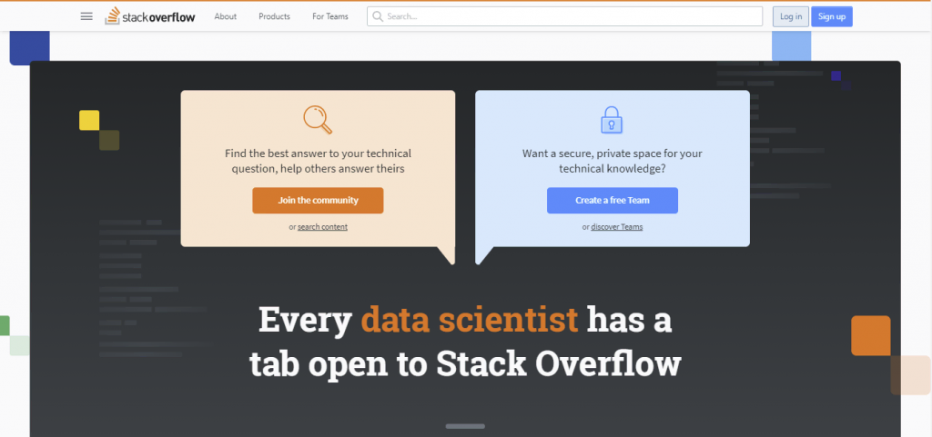 The homepage of Stack Overflow, a Q&A website on computer programming topics