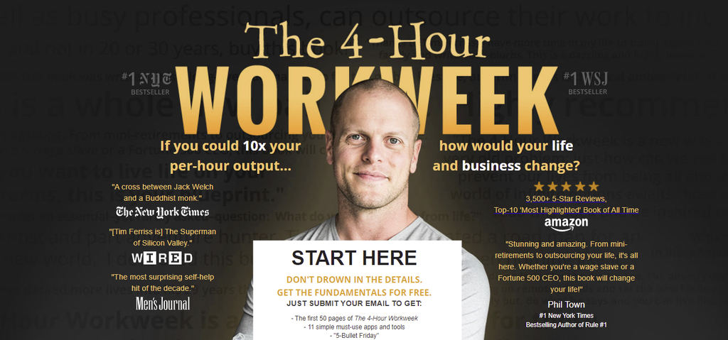 The homepage of The 4-Hour Workweek.
