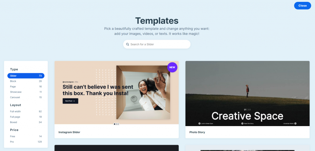 The templates page of Smart Slider 3, pick a beautifully crafted template for your slider