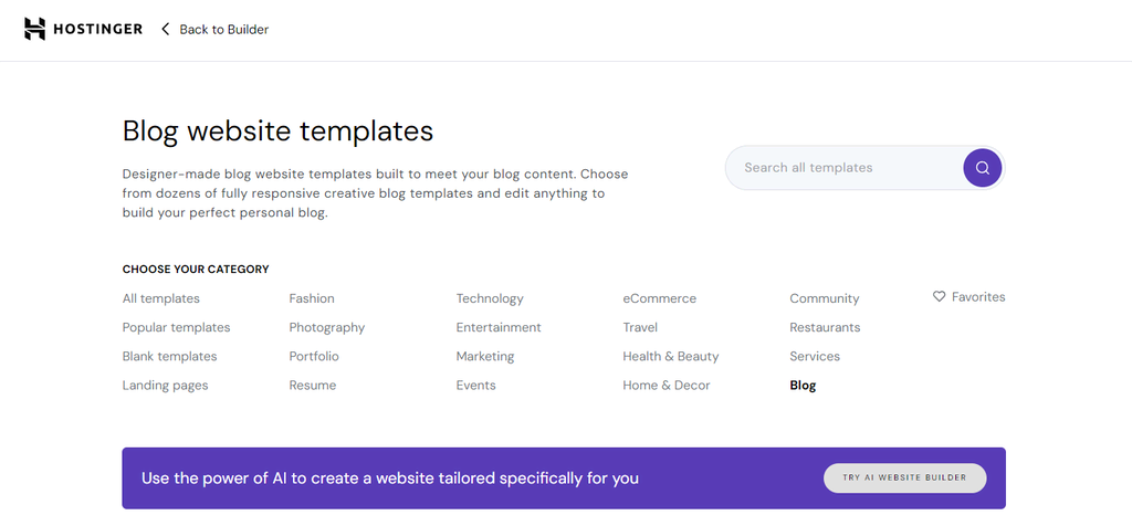 Hostinger Website Builder 的博客网站模板类别,其中突出显示了 Blog 和 TRY AI WEBSITE BUILDER