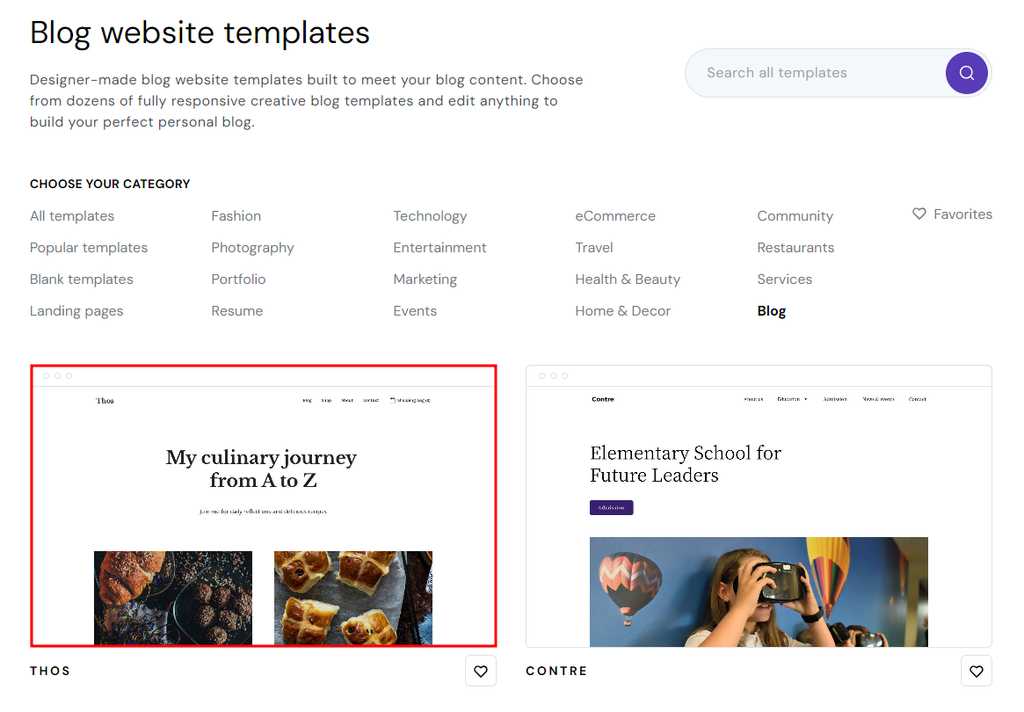 Hostinger Website Builder 的博客网站模板类别,其中突出显示了博客和 Thos