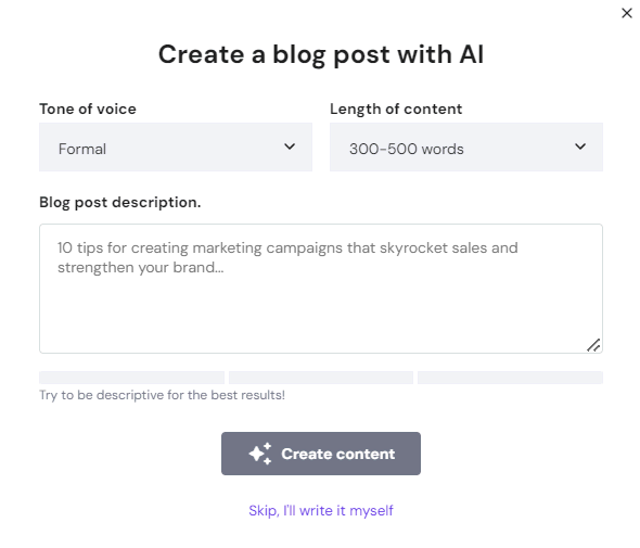 Hostinger Website Builder's pop-up window for creating a blog post with AI