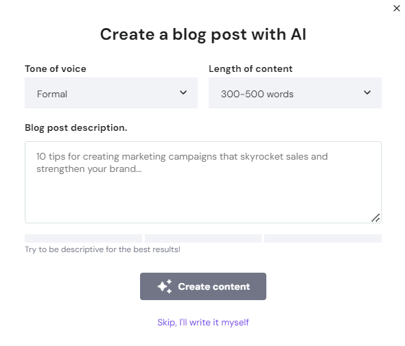 Hostinger Website Builder 用于使用 AI 创建博客文章的弹出窗口