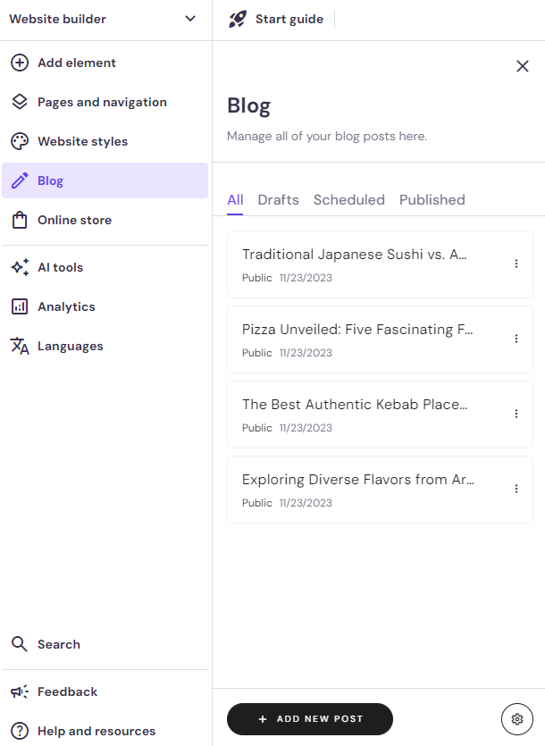 Hostinger Website Builder 的界面,突出显示了博客和添加新帖子
