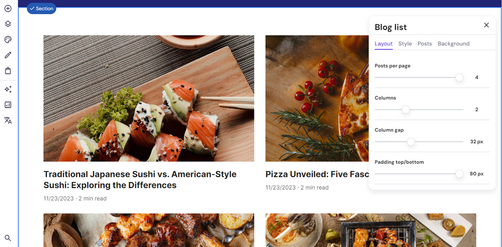 Hostinger Website Builder 的博客列表弹出窗口界面