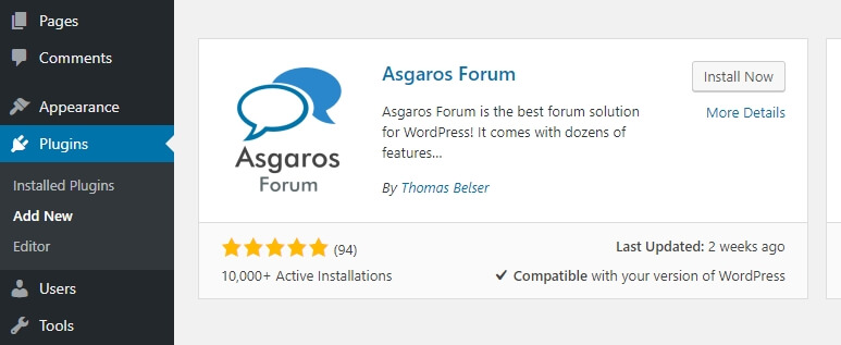 Installing the Asgaros Forum plugin.