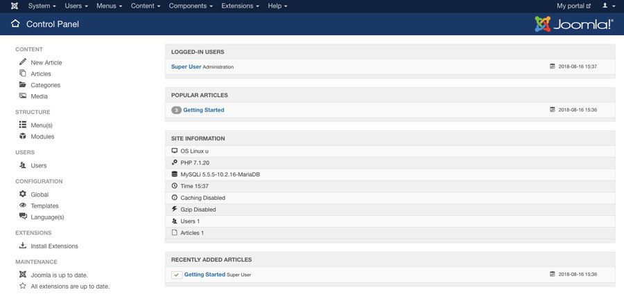 Joomla admin panel main view