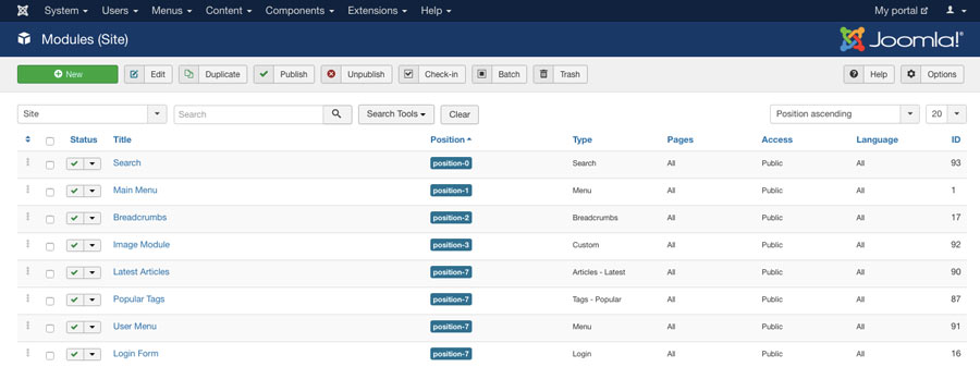 Joomla modules menu trong dashboard