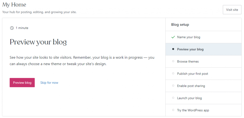 WordPress.com admin dashboard, showing the blog setup checklist
