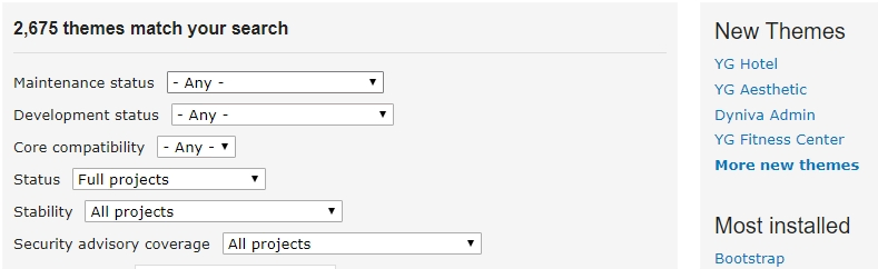 Search options on the Drupal theme directory