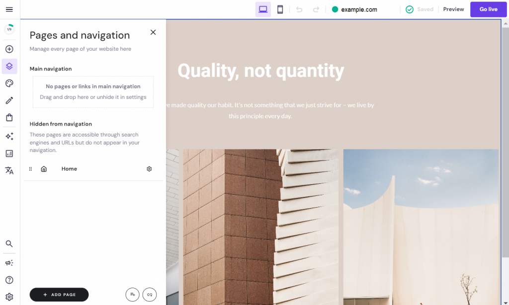 Hostinger Website Builder's Pages and navigation editor