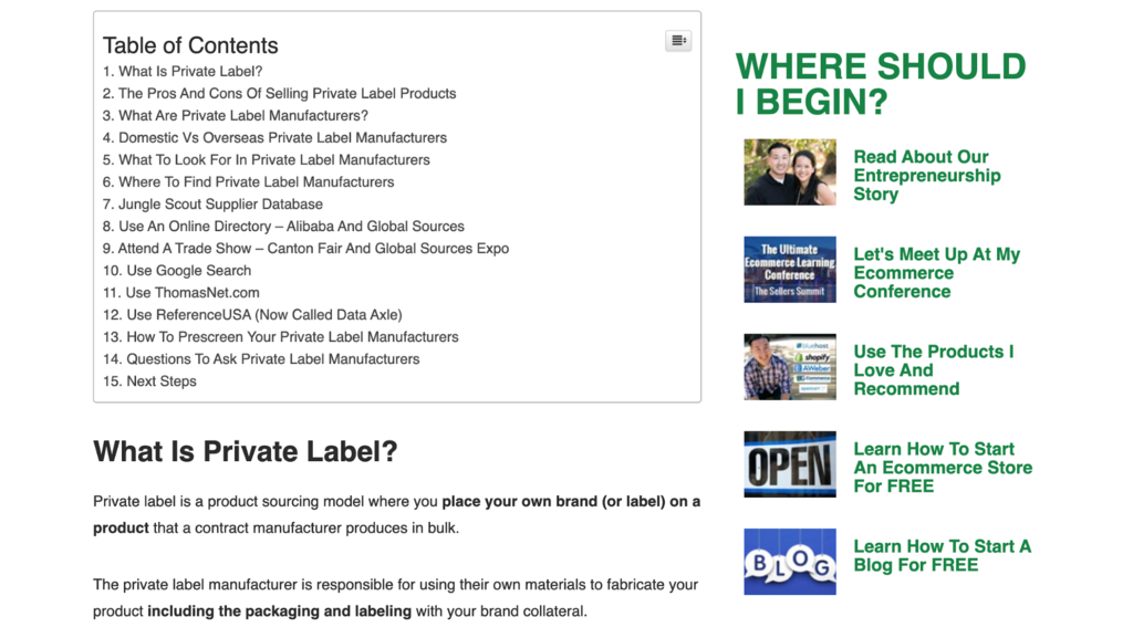 Example of a featured table of contents