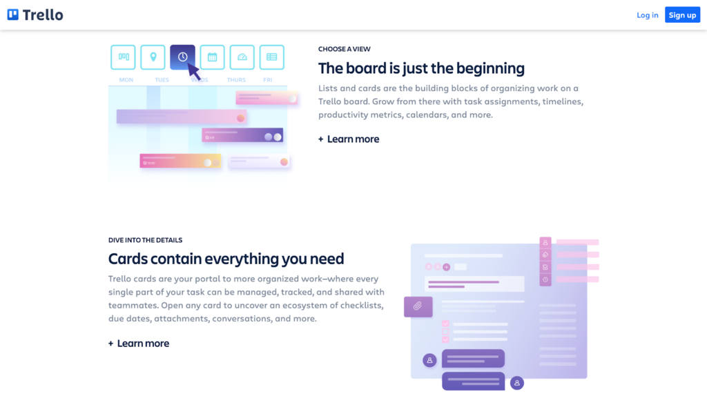 Trello website as an example of a zigzag layout