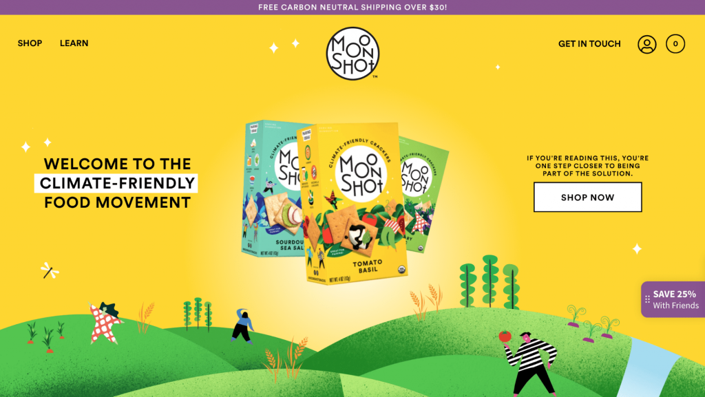 Screenshot showing Moonshot snacks colorful website
