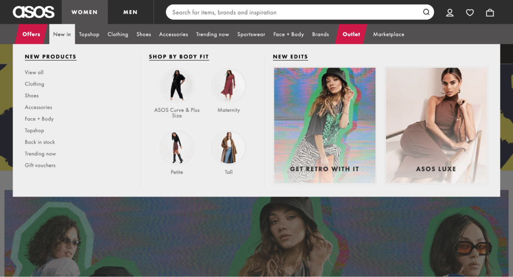 Asos website showing its mega menu