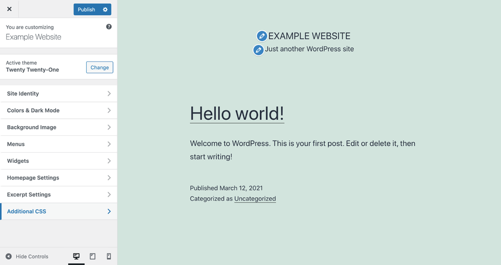 WordPress Customizer interface with the selected Additional CSS option