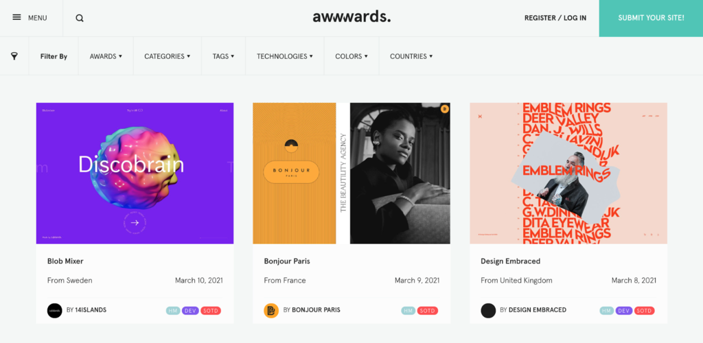 The Awwwards website showing the award-winning web designs