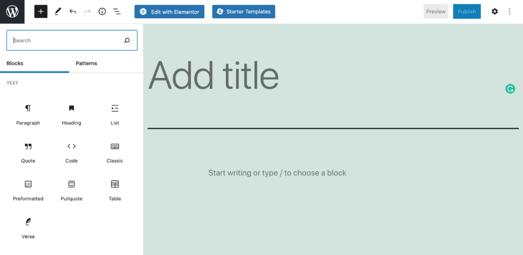 The interface of Gutenberg page editor