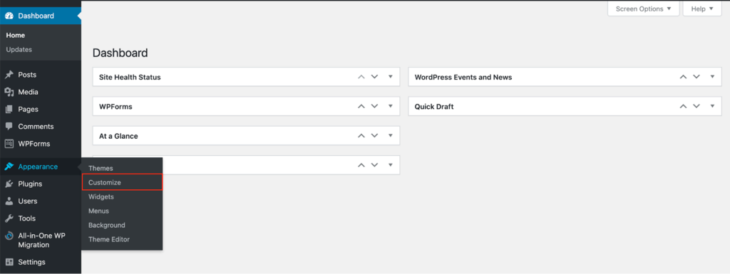WordPress admin dashboard showing how to navigate to the Customizer