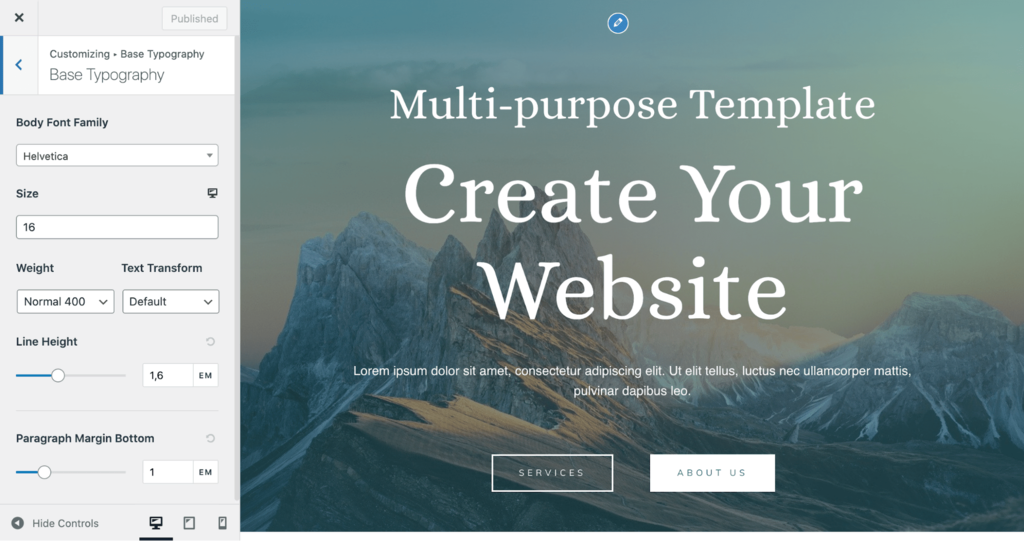 WordPress Customizer interface showing how to customize typography