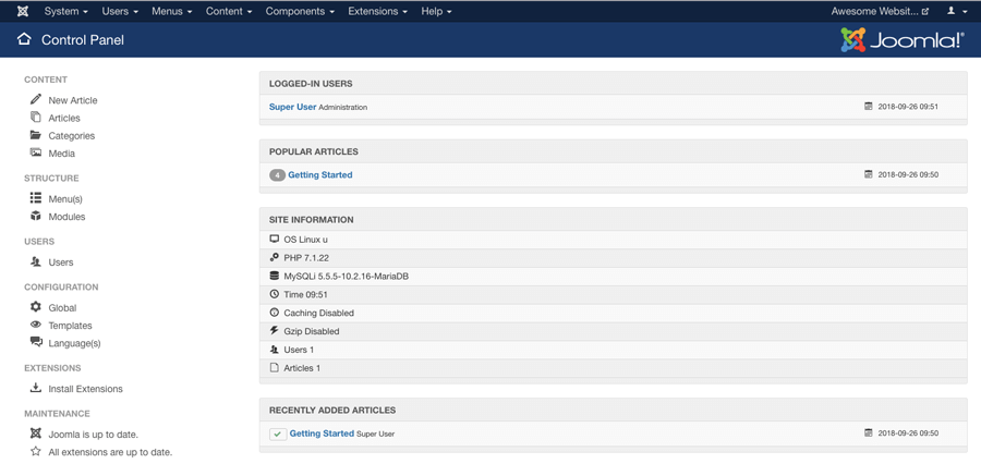 The main view of Joomla dashboard
