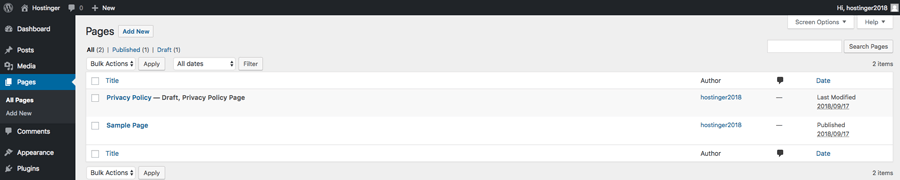 Creating and editing pages in WordPress dashboard