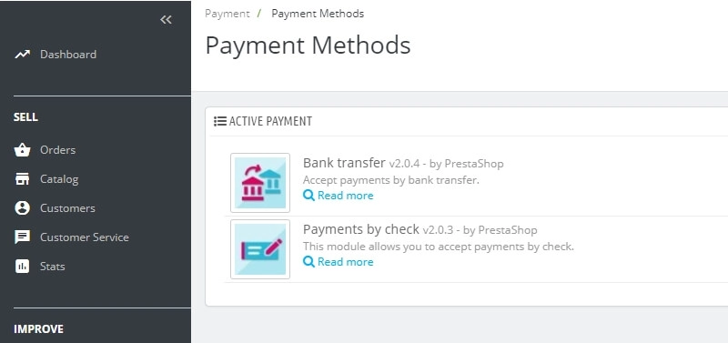 PrestaShop's default payment methods.