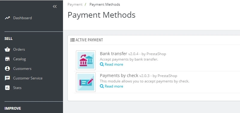 Some of PrestaShop's payment methods.